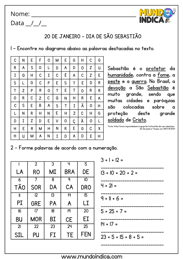 Atividade de Caça-Palavras e Formação de Palavras de Acordo com a Numeração para o Dia de São Sebastião para Imprimir