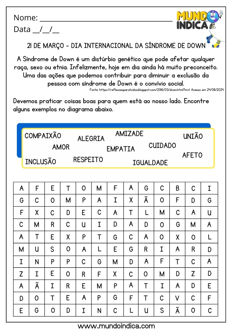 Atividade de Caça-Palavras para o Dia Internacional da Síndrome de Down para Imprimir