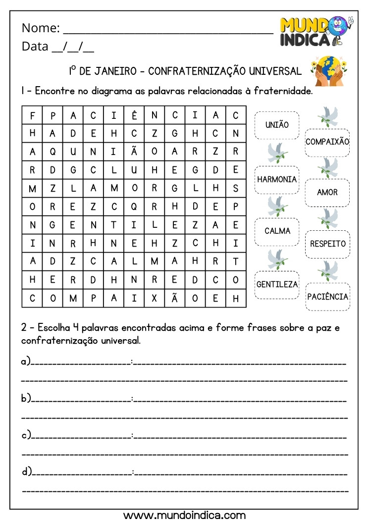 Atividade de Caça-Palavras para o Dia da Confraternização Universal para Imprimir