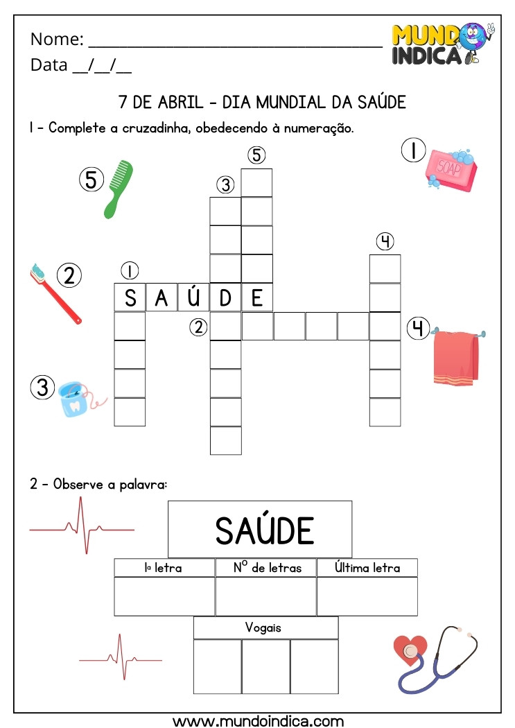 Atividade de Cruzadinha, Percepção e Vogais para o Dia Mundial da Saúde para Imprimir