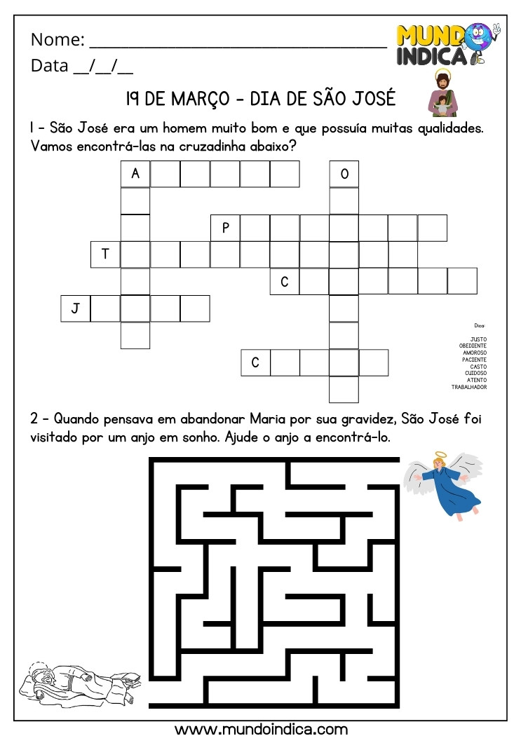 Atividade de Cruzadinha e Labirinto para o Dia de São José para Imprimir