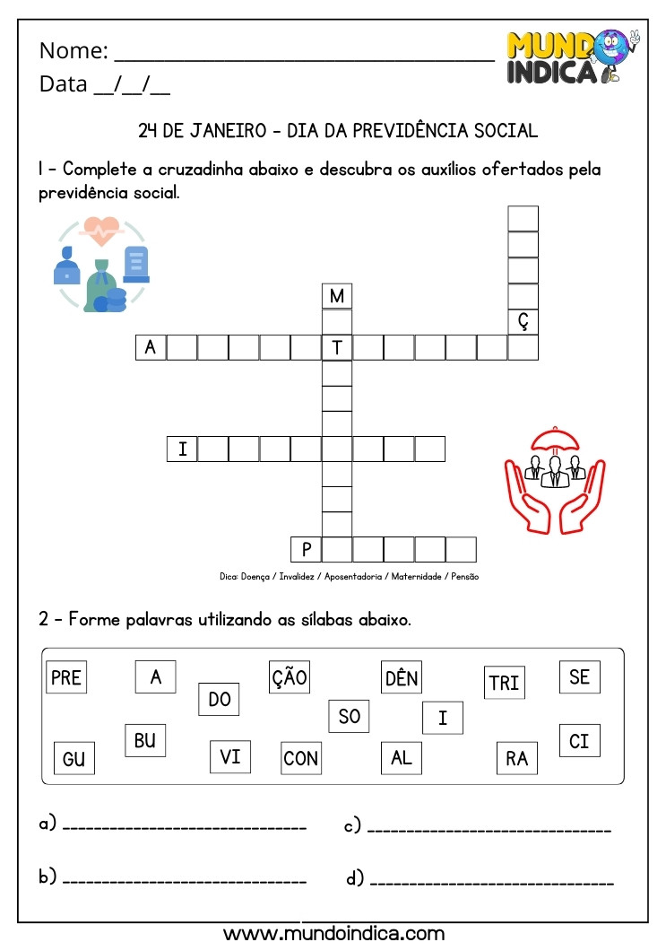 Atividade de Cruzadinha e Sílabas para o Dia da Previdência Social para Imprimir