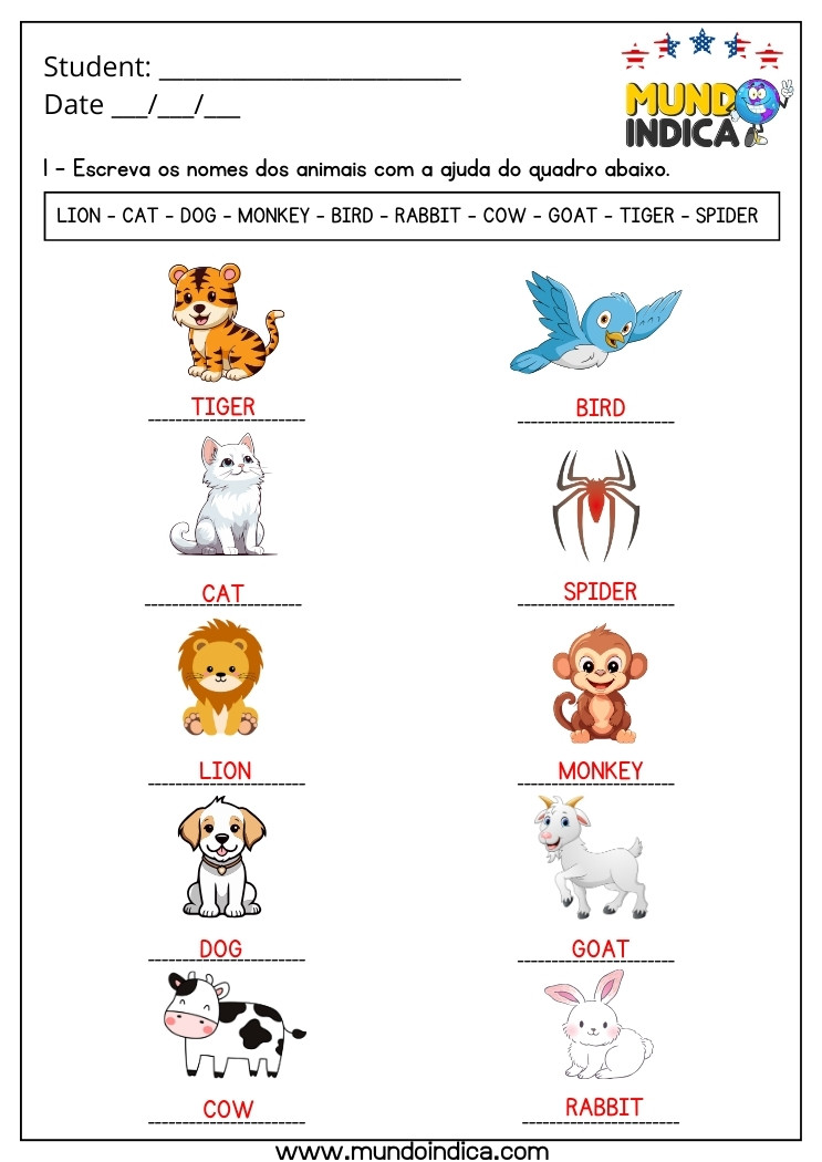 Atividade de Inglês 1 Ano com Animais com Respostas