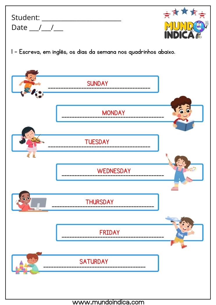 Atividade de Inglês 1 Ano com Dias da Semana com Respostas