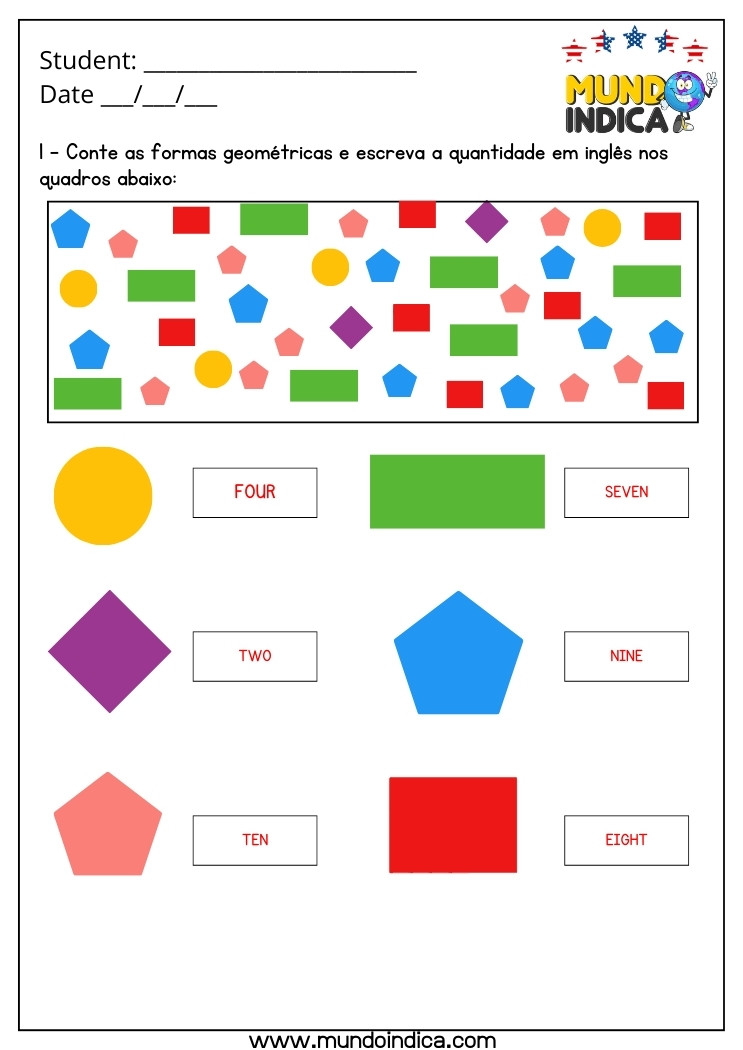 Atividade de Inglês 1 Ano com Formas Geométricas e Quantidades com Respostas