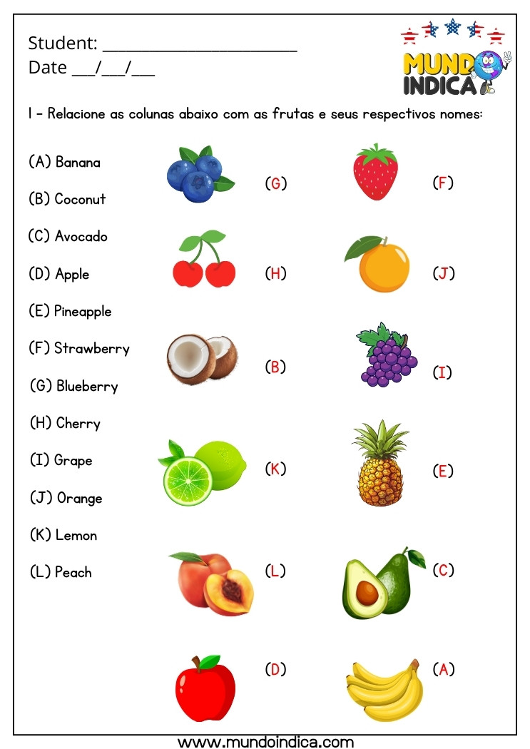 Atividade de Inglês 1 Ano com Frutas com Respostas