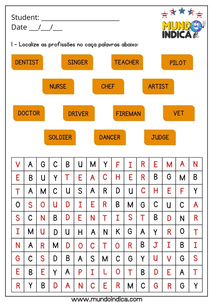Atividade de Inglês 1 Ano sobre Profissões com Caça-Palavras com Respostas