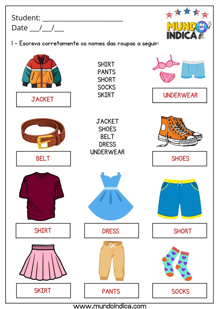 Atividade de Inglês 1 Ano sobre Roupas com Respostas