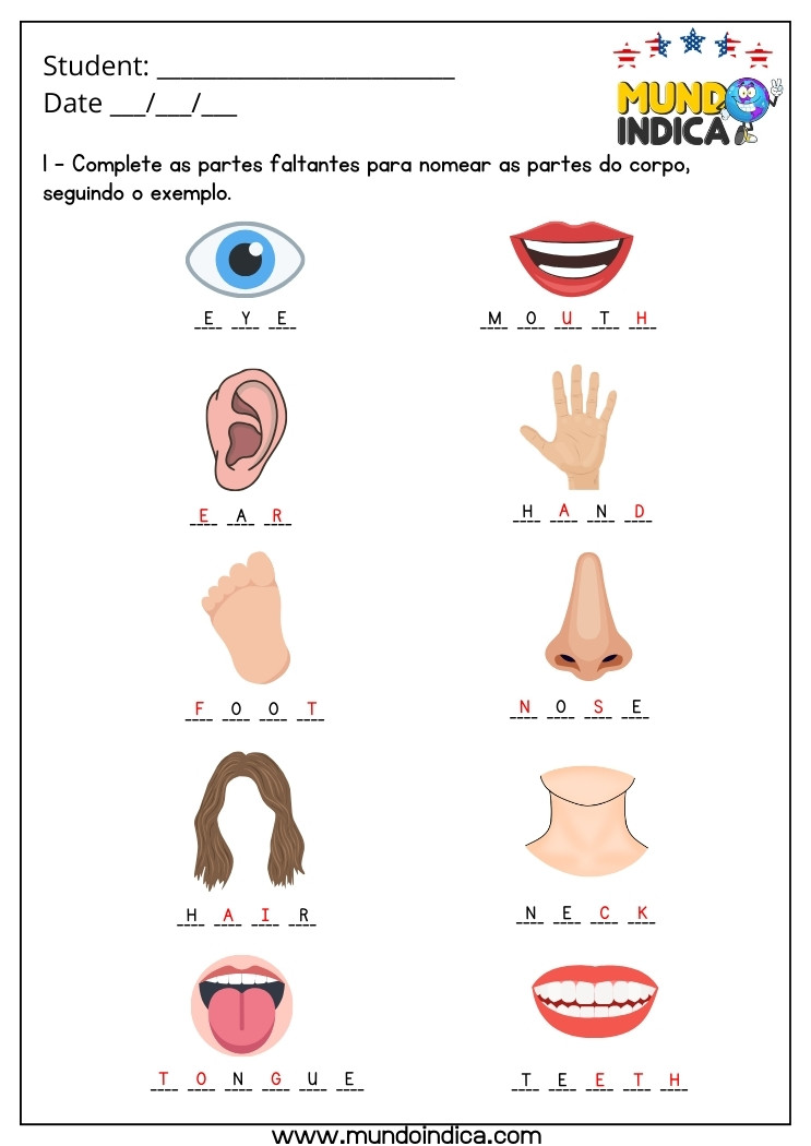 Atividade de Inglês 2 Ano com Corpo Humano com Respostas