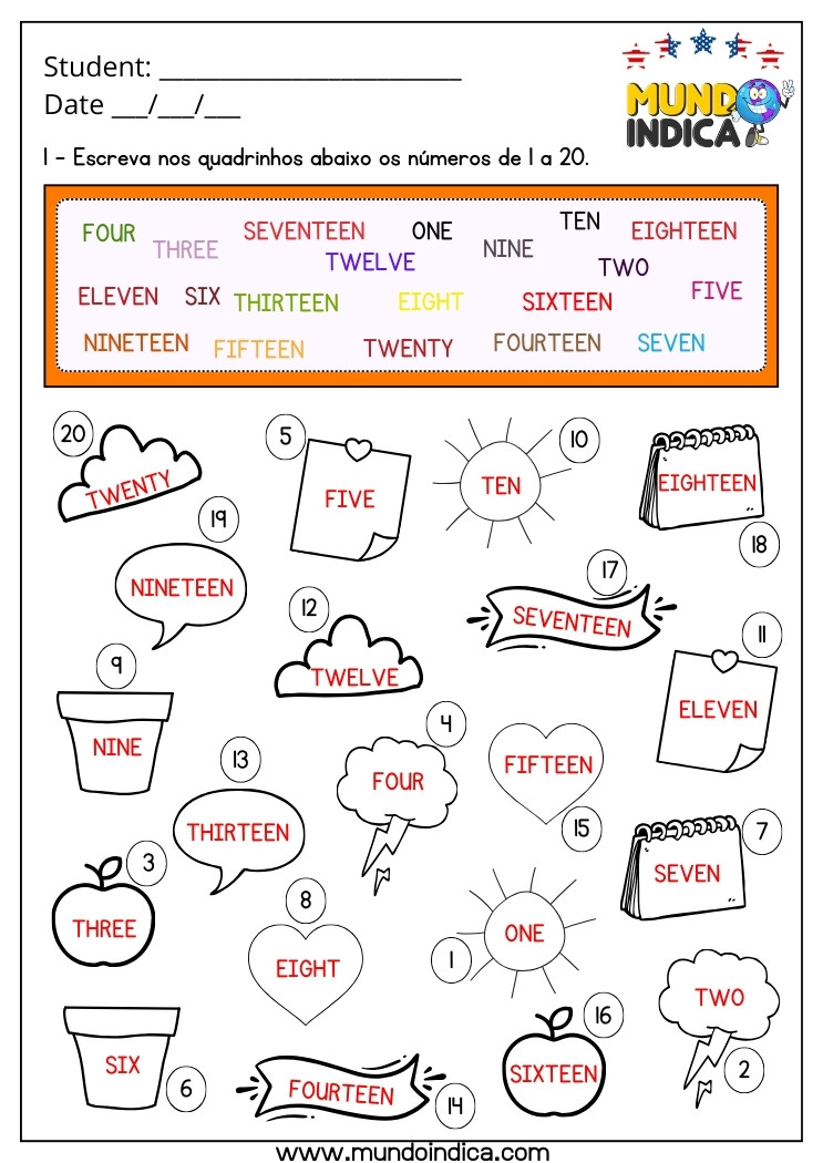 Atividade de Inglês 2 Ano com Números de 1 a 20 com Respostas