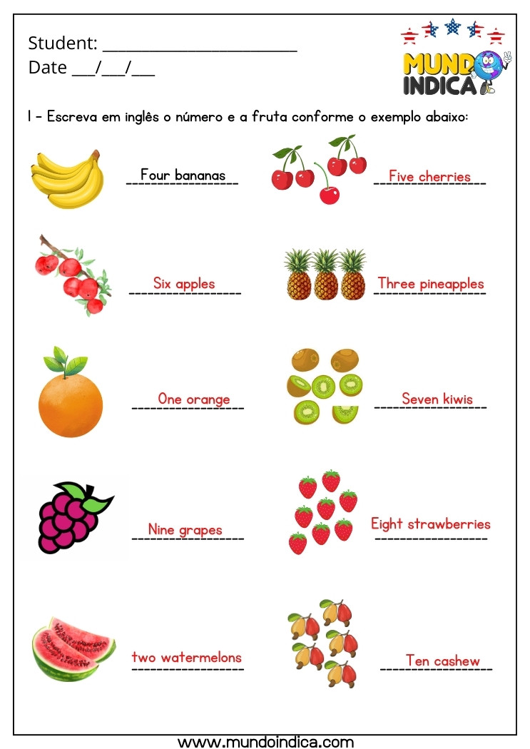 Atividade de Inglês 2 Ano com Números e Frutas com Respostas