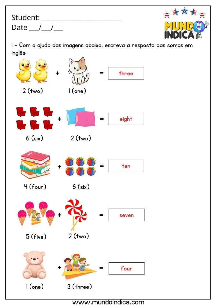 Atividade de Inglês 2 Ano de Matemática com Adição Lúdica com Respostas