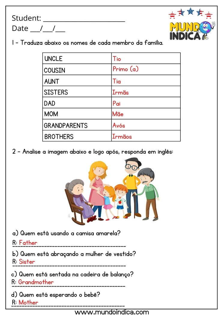 Atividade de Inglês 3 Ano com Análise da Imagem sobre Membros da Família com Respostas