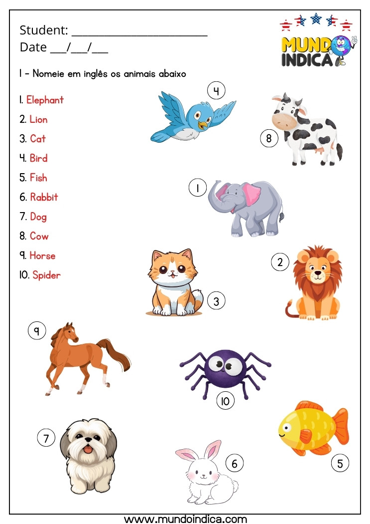 Atividade de Inglês 3 Ano com Animais com Respostas