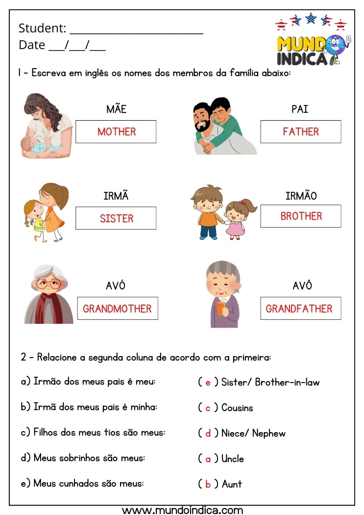 Atividade de Inglês 3 Ano com Membros da Família com Respostas