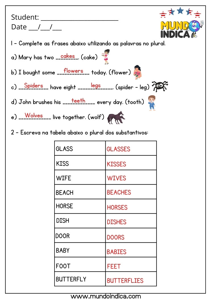 Atividade de Inglês 3 Ano com Plural com Respostas