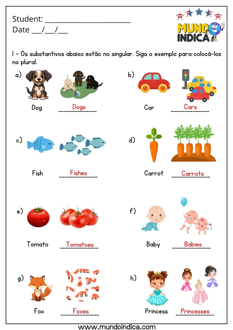 Atividade de Inglês 3 Ano sobre Singular e Plural com Respostas