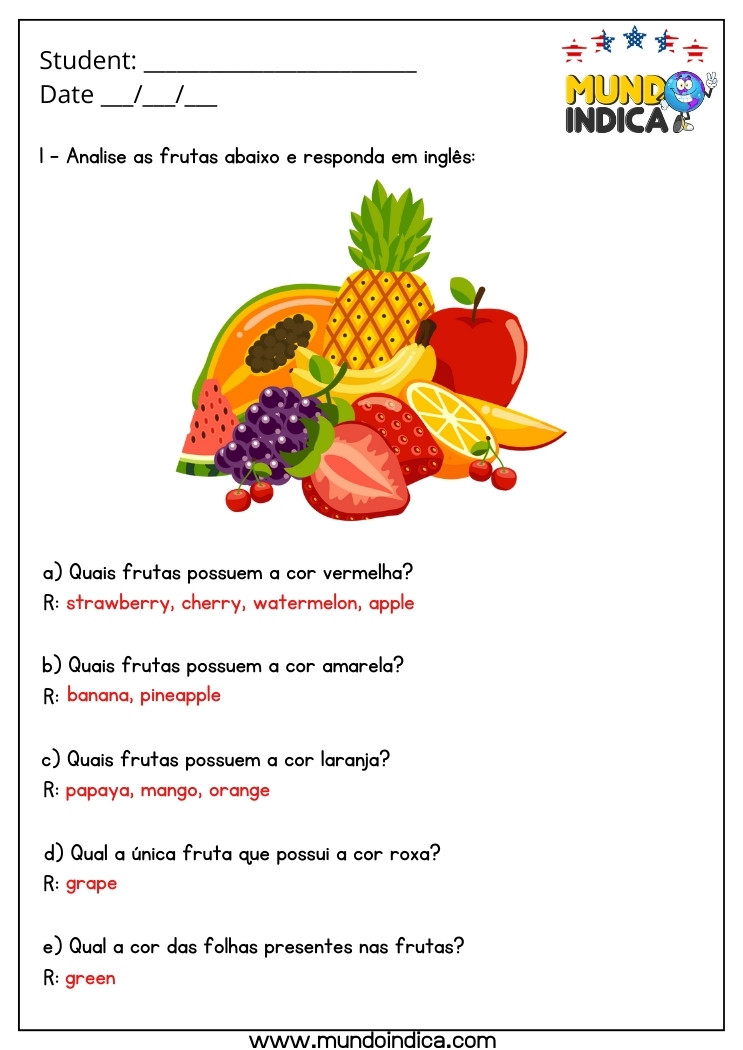 Atividade de Inglês 4 Ano com Frutas com Respostas para Imprimir