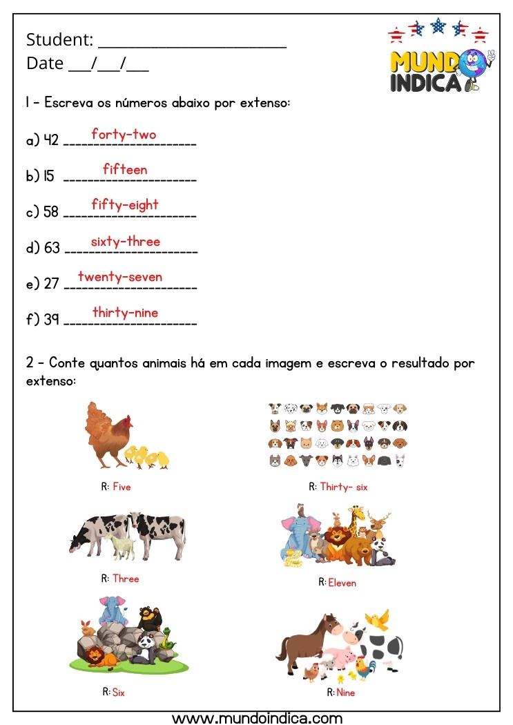 Atividade de Inglês 4 Ano com Números, Quantidades e Animais com Respostas