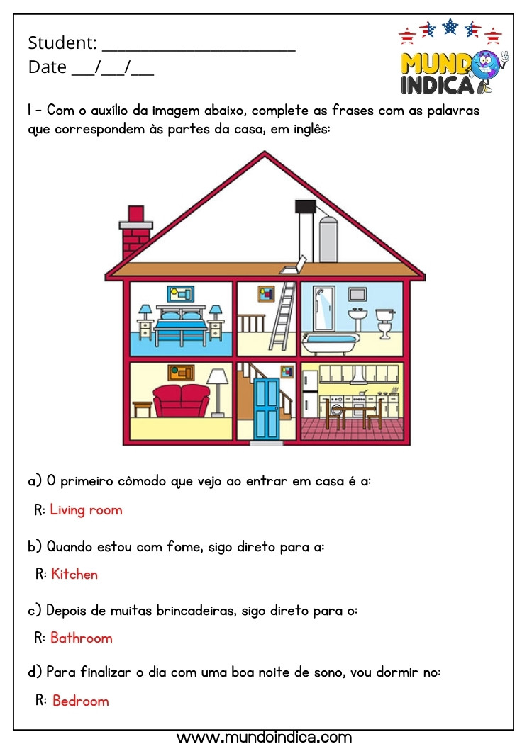 Atividade de Inglês 4 Ano com Partes da Casa com Respostas para Imprimir