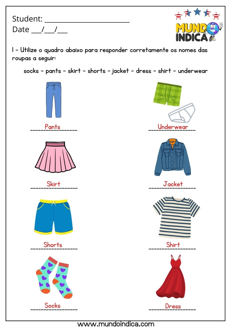 Atividade de Inglês 4 Ano com Roupas com Respostas