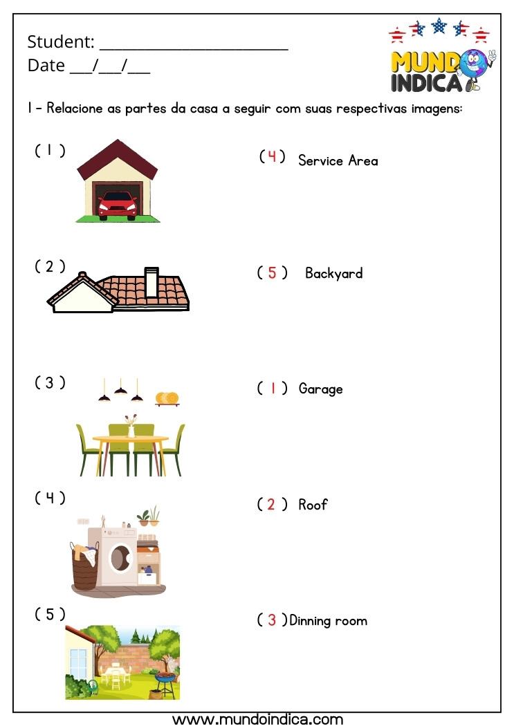 Atividade de Inglês 4 Ano para Relacionar as Imagens com as Partes da Casa com Respostas