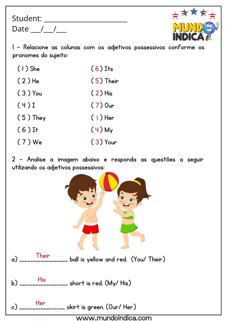 Atividade de Inglês 5 Ano com Adjetivos Possessivos com Respostas