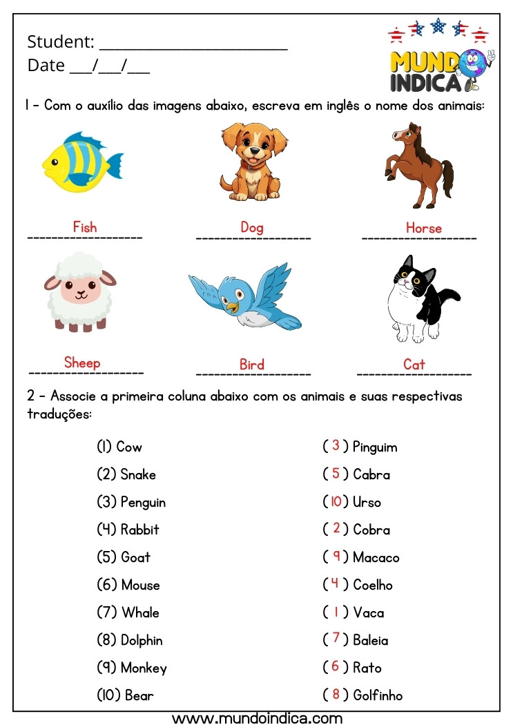 Atividade de Inglês 5 Ano com Animais com Respostas