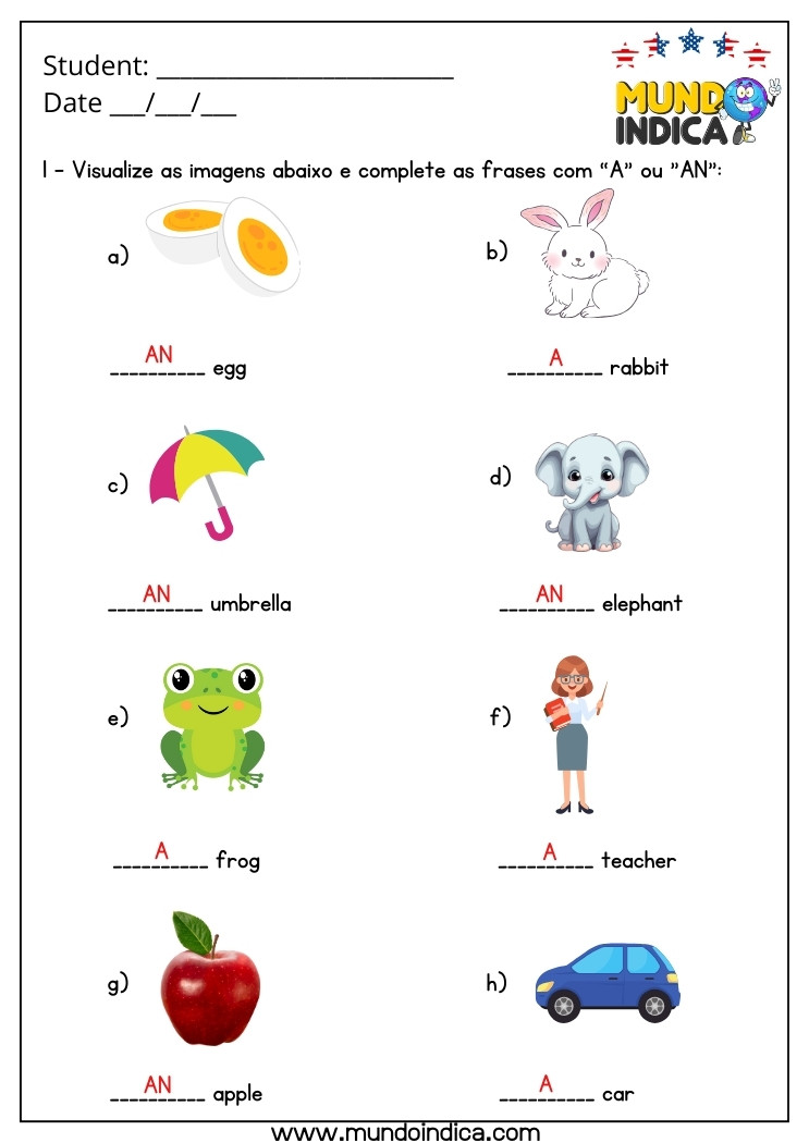 Atividade de Inglês 5 Ano com Artigos Indefinidos com Respostas