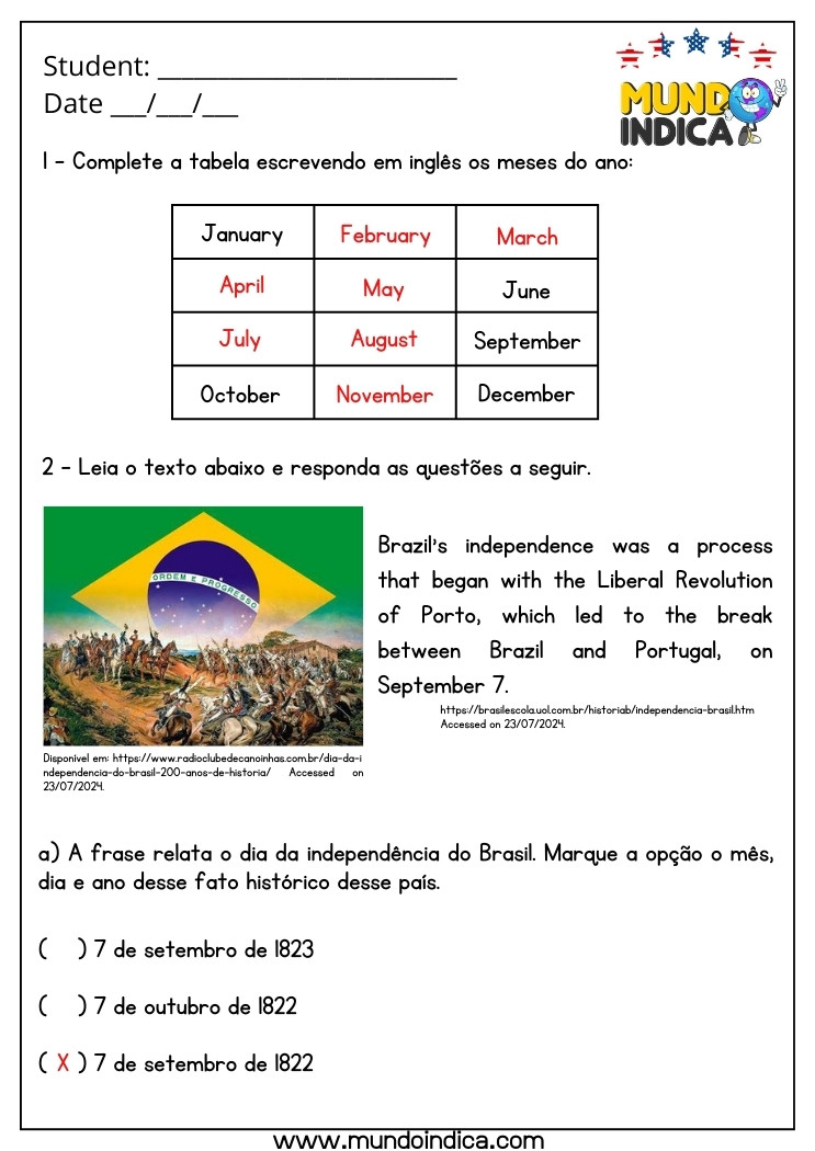 Atividade de Inglês 5 Ano com Meses do Ano e Interpretação de Texto sobre a Independência do Brasil com Respostas