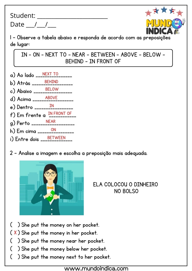 Atividade de Inglês 5 Ano com Preposições com Respostas para Imprimir