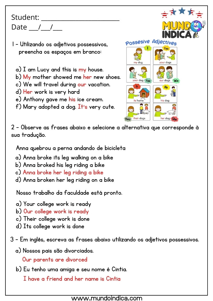 Atividade de Inglês 6 Ano com Adjetivos Possessivos com Respostas para Imprimir