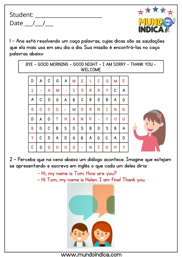 Atividade de Inglês 6 Ano com Caça-Palavras e Saudações com Respostas para Imprimir