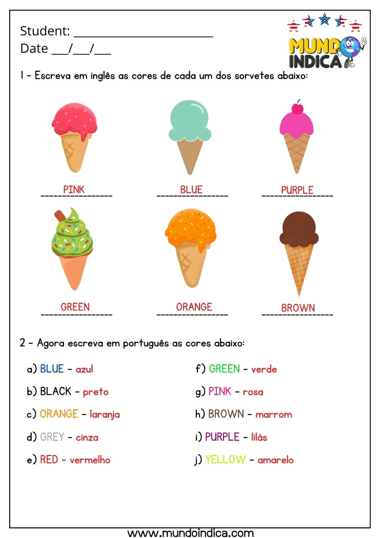 Atividade de Inglês 6 Ano com Cores com Respostas