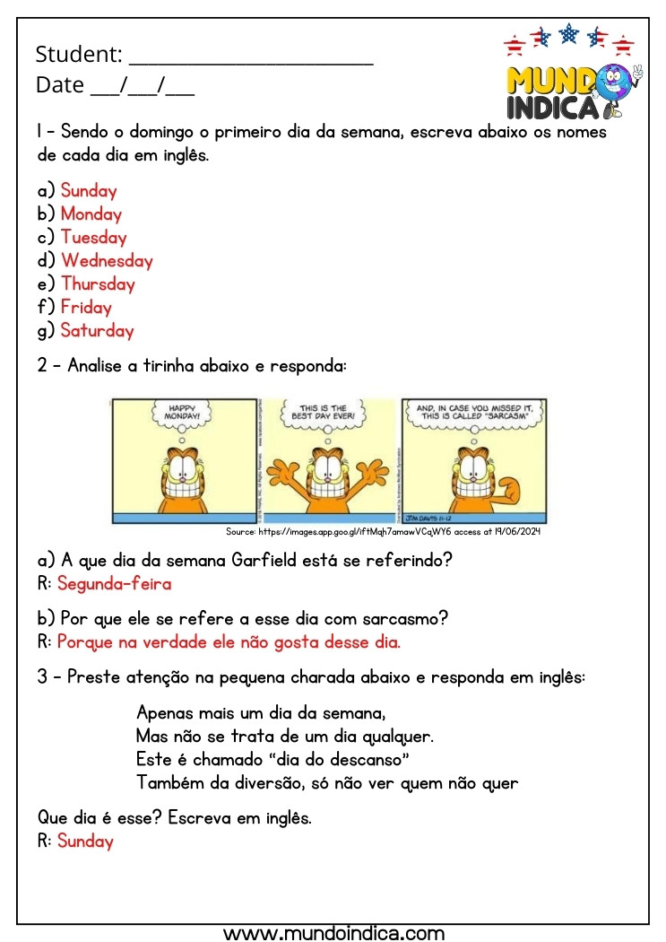 Atividade de Inglês 6 Ano com Dias da Semana e Charge do Garfield com Respostas