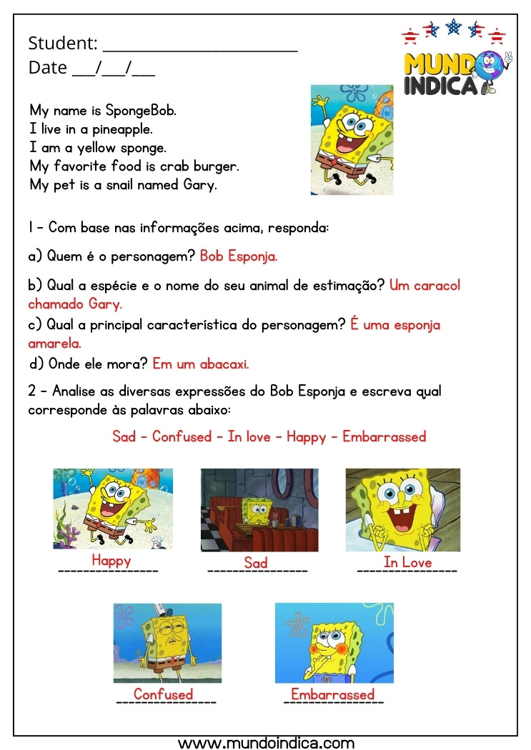 Atividade de Inglês 6 Ano com Interpretação de Texto e Expressões do Bob Esponja com Respostas