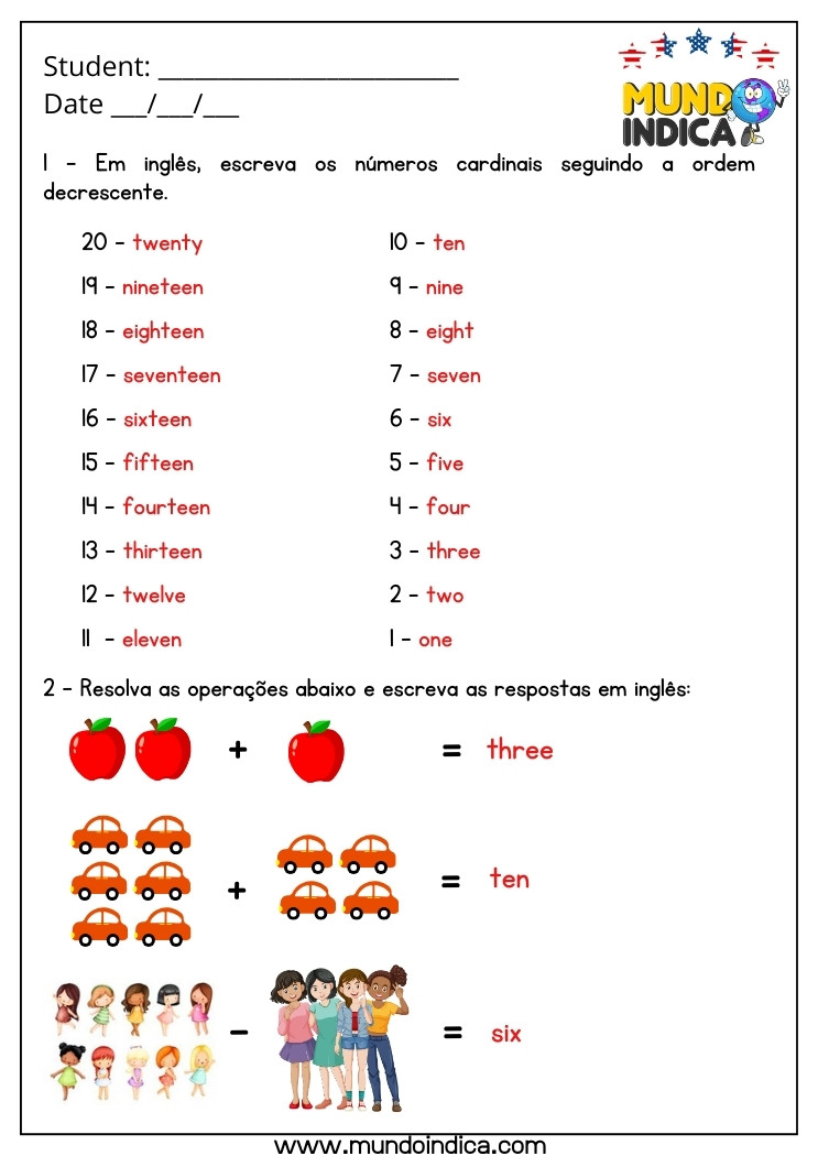 Atividade de Inglês 6 Ano com Números Cardinais e Operações Matemáticas com Respostas