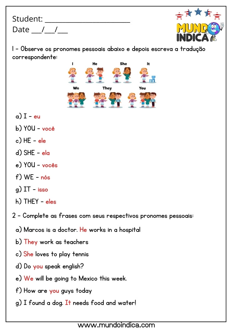 Atividade de Inglês 6 Ano com Pronomes Pessoais com Respostas