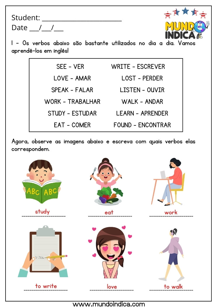 Atividade de Inglês 6 Ano com Verbos com Respostas