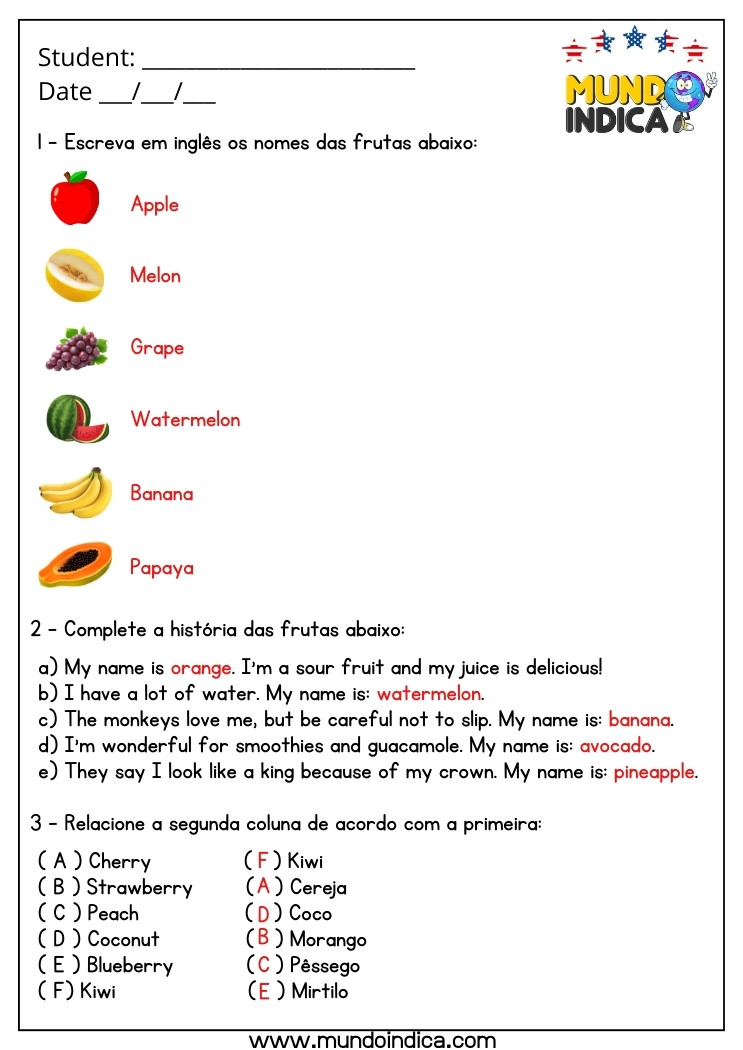 Atividade de Inglês 7 Ano com Frutas com Respostas