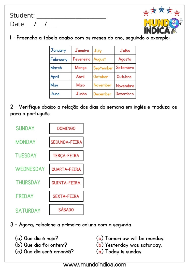 Atividade de Inglês 7 Ano com Meses do Ano e Dias da Semana com Respostas