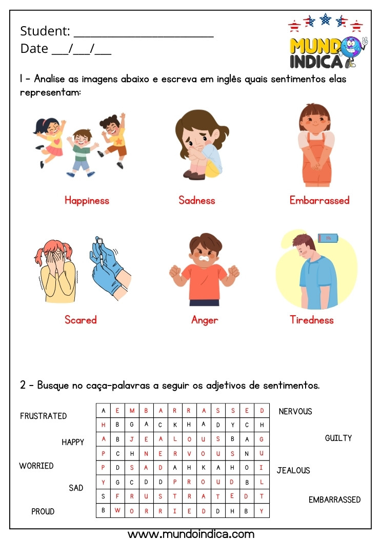 Atividade de Inglês 7 Ano com Sentimentos e Caça-Palavras com Respostas