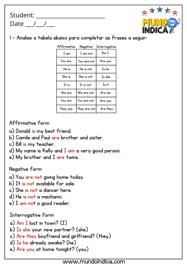 Atividade de Inglês 7 Ano com as Formas Afirmativa, Negativa e Interrogativa do Verbo to Be com Respostas para Imprimir