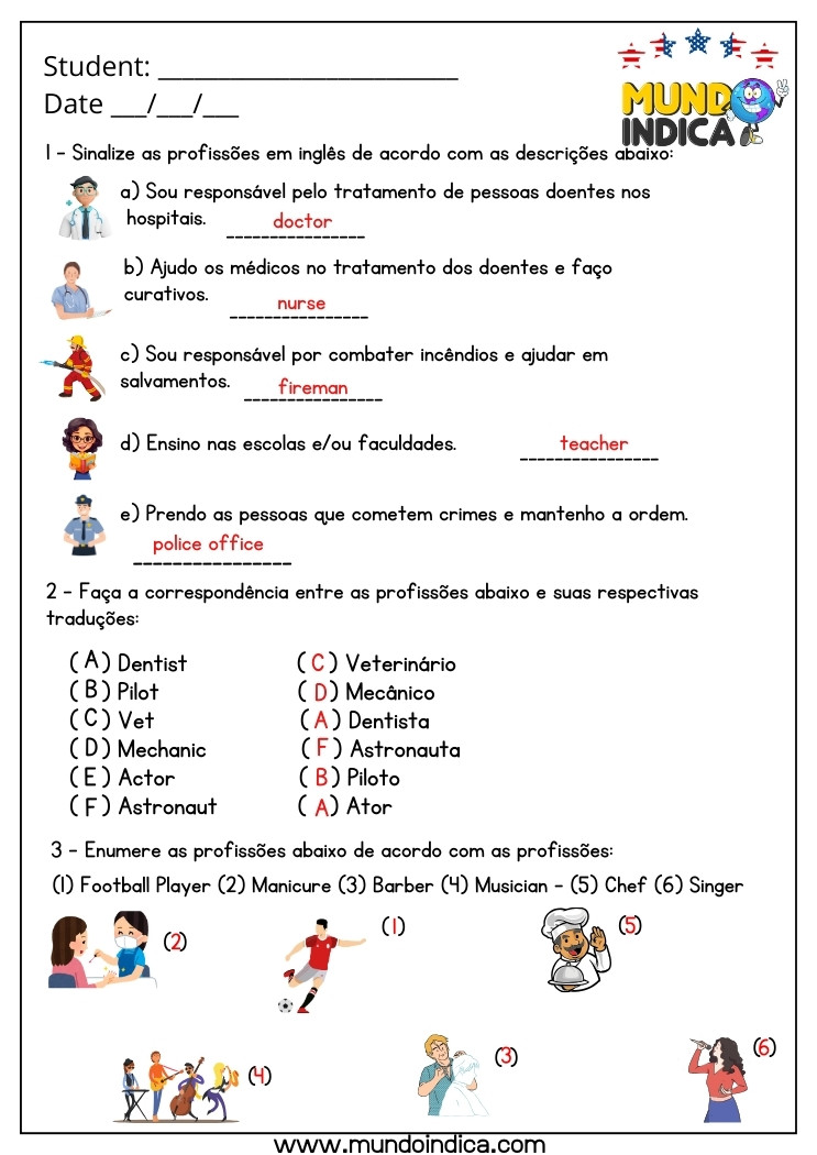 Atividade de Inglês 7 Ano sobre Profissões com Respostas