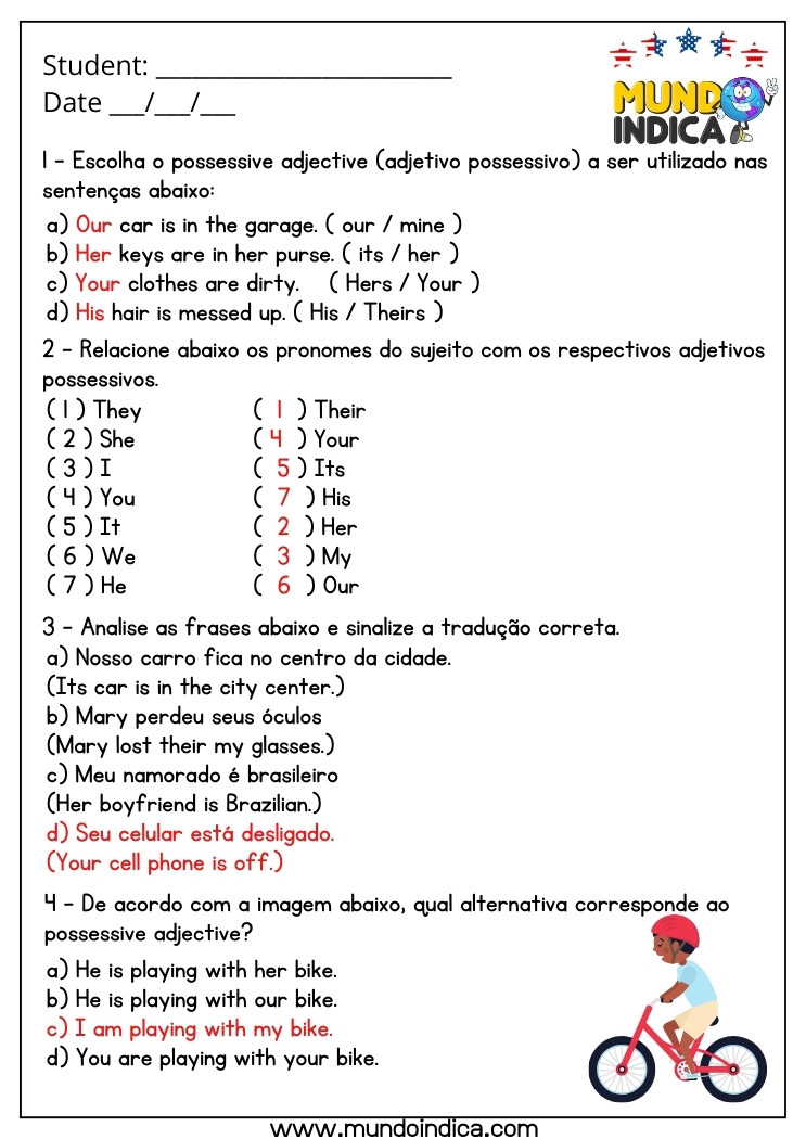 Atividade de Inglês 8 Ano com Adjetivo Possessivo com Respostas para Imprimir