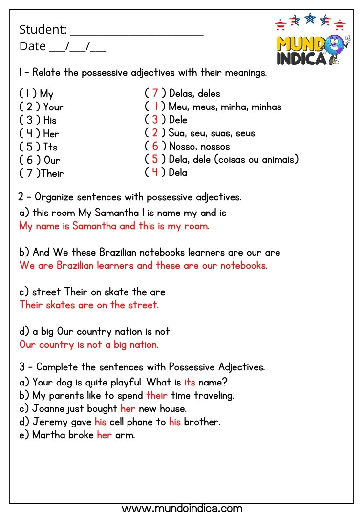 Atividade de Inglês 8 Ano com Adjetivo Possessivo com Respostas