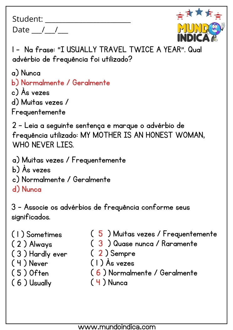 Atividade de Inglês 8 Ano com Advérbio de Frequência com Respostas