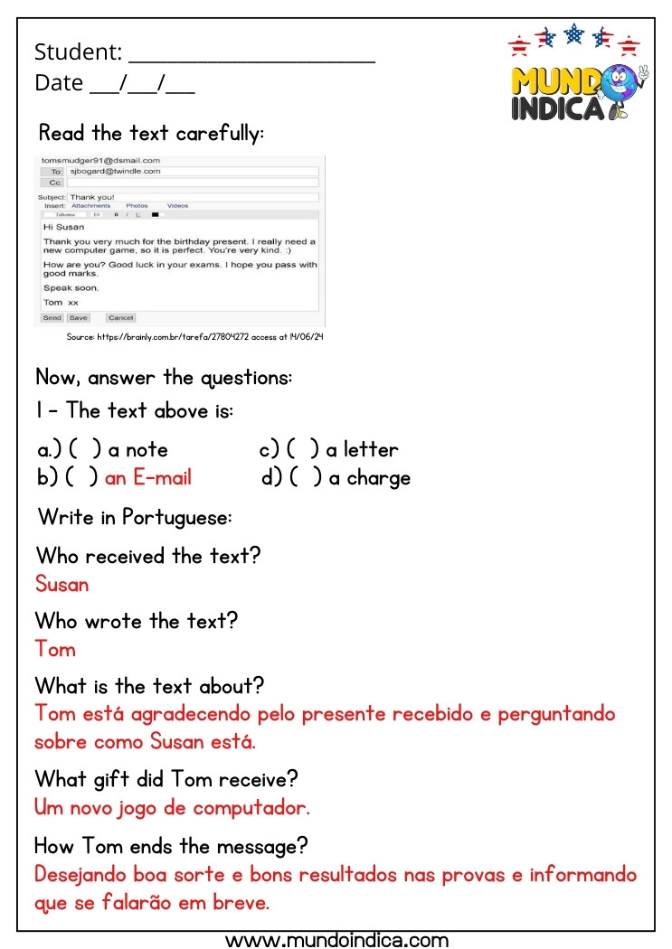 Atividade de Inglês 8 Ano com Interpretação de Texto com Respostas