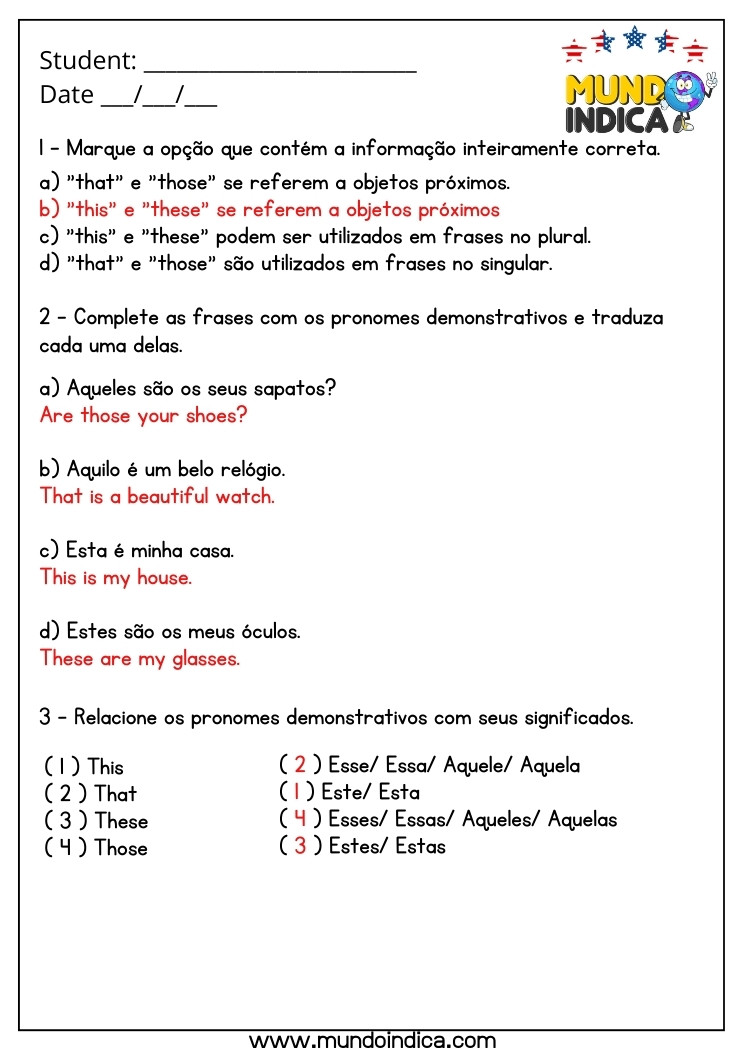 Atividade de Inglês 8 Ano com Pronomes Demonstrativos com Respostas