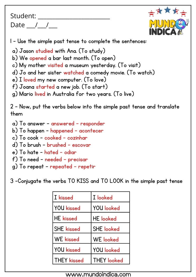 Atividade de Inglês 8 Ano com Simple Past com Respostas para Imprimir